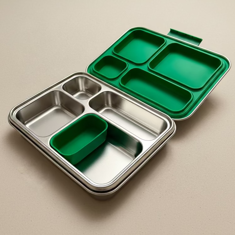 A stainless-steel compartment lunch box with a green silicone seal insert and snack cup.