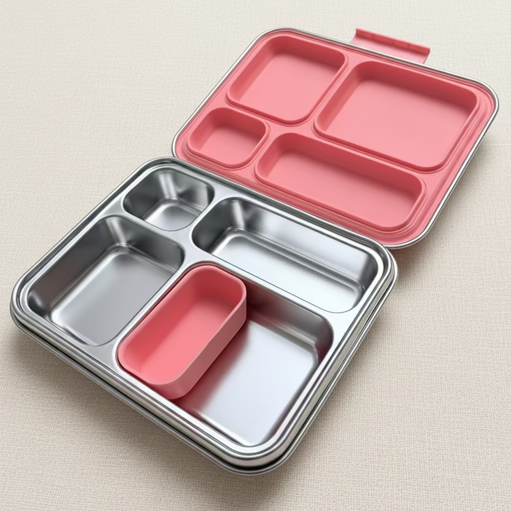 A stainless steel compartment lunch box with a peach silicone seal insert and snack cup.