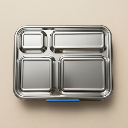 A stainless steel compartment lunchbox with four sections, shown from a top-down view.