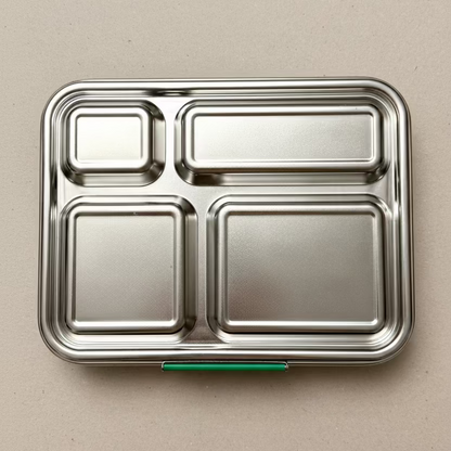 A stainless-steel compartment lunch box with four compartments.