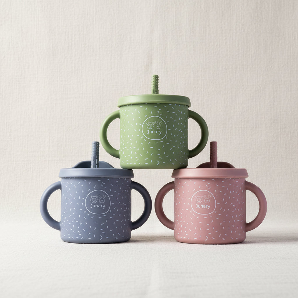 Sips Cups with removable tops and straws. Green Pink and Ble with speckles.
