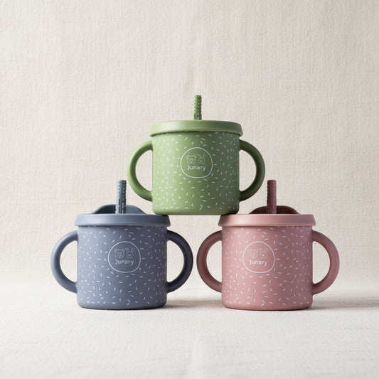 Sips Cups with removable tops and straws. Green Pink and Ble with speckles.