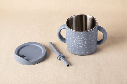 A blue speckled stainless steel and silicone Sips cup with two handles, lid and straw. 