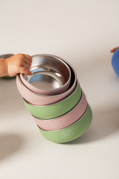 Green and pink silicone and stainless-steel bowl.