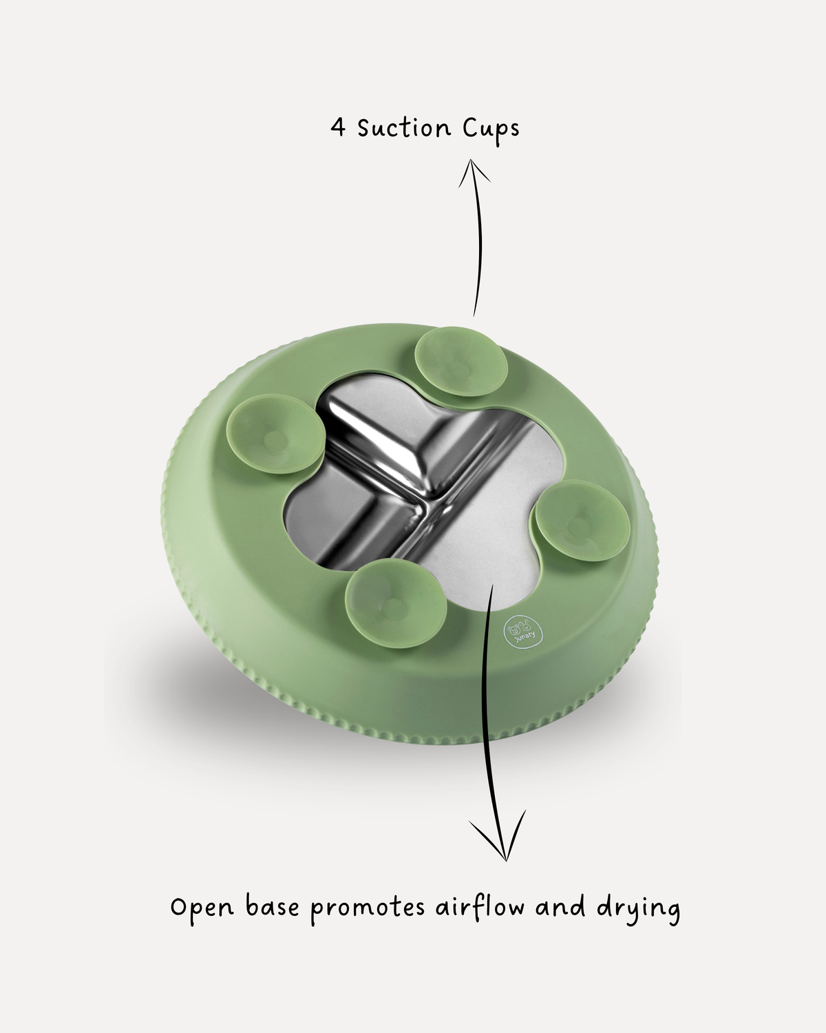 A green circular suction cup base with a stainless-steel insert, with text labels pointing out the four suction cups and the open base design.