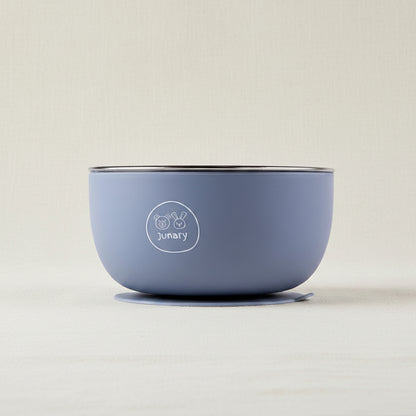 A blue silicone and Stainless-steel baby bowl with a silicone and suction base.