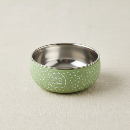 Little green silicone and stainless-steel bowl with speckled pattern.