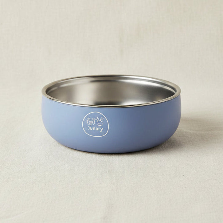 Blue silicone and stainless-steel bowl.