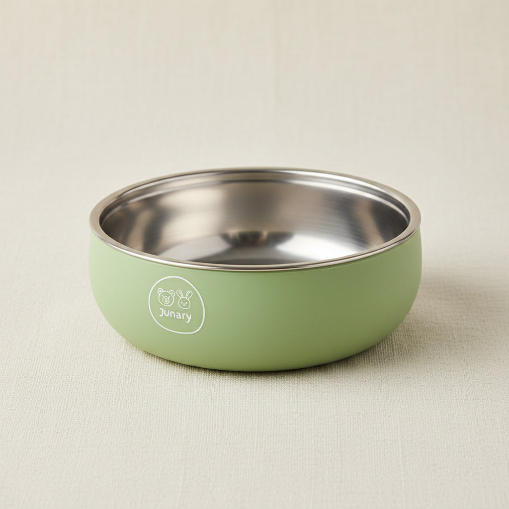 Green silicone and stainless-steel bowl.