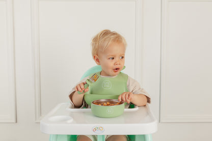 Green silicone and stainless-steel bowl.