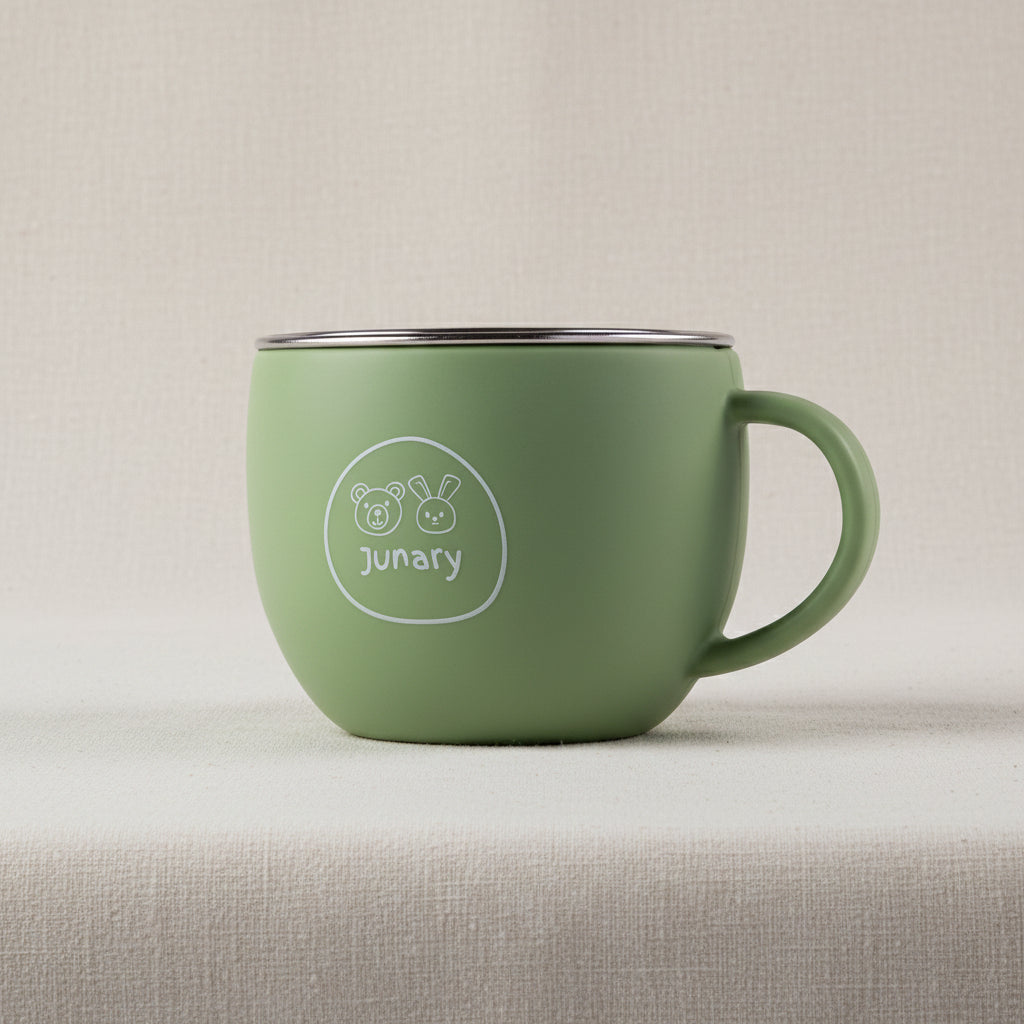 Green silicone and stainless-steel drinking cup for toddlers.