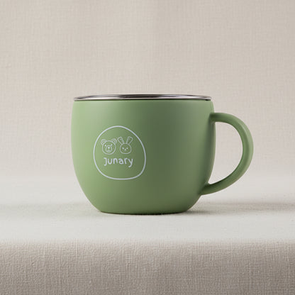 Green silicone and stainless-steel drinking cup for toddlers.