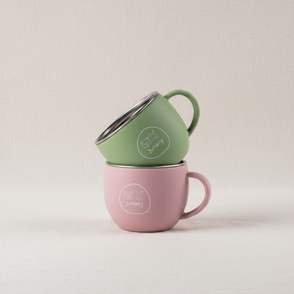 Green and Pink silicone and stainless-steel drinking cups for toddlers.