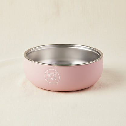 Pink silicone and stainless-steel bowl.