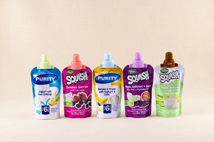 Silicone pouch toppers on different squishy brands for babies. Colors Green, pink, blue, purple and brown.